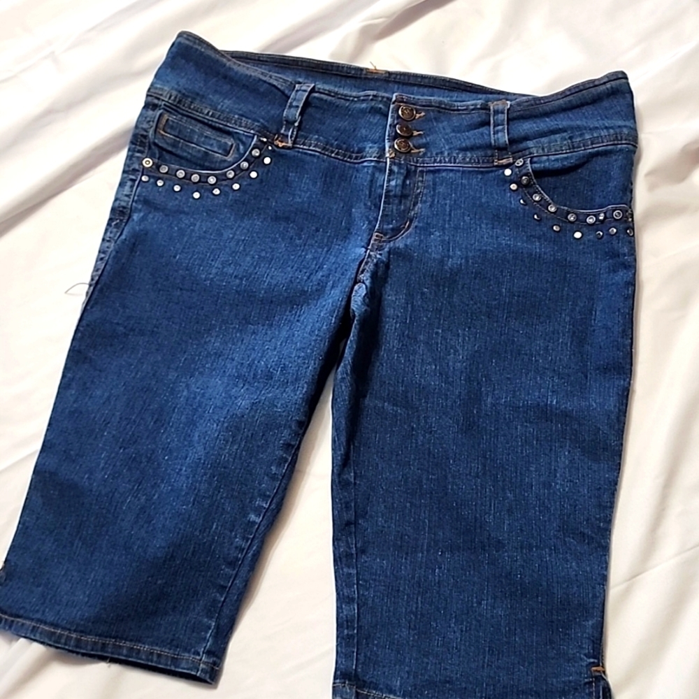 Y2k HIP Jeans Rhinestone Pocket Blue Jean Jorts Juniors Size 15